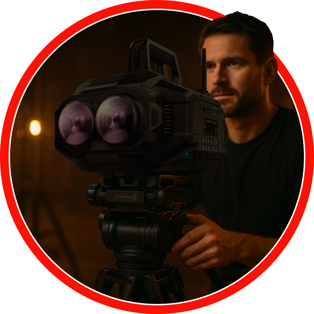 A man stands behind a Blackmagic Ursa Cine Immersive camera, filming an atmospheric movie scene. The picture is circular in shape, with a red border, reminiscent of the graphical style of the old Il Giallo Mondadori novels.