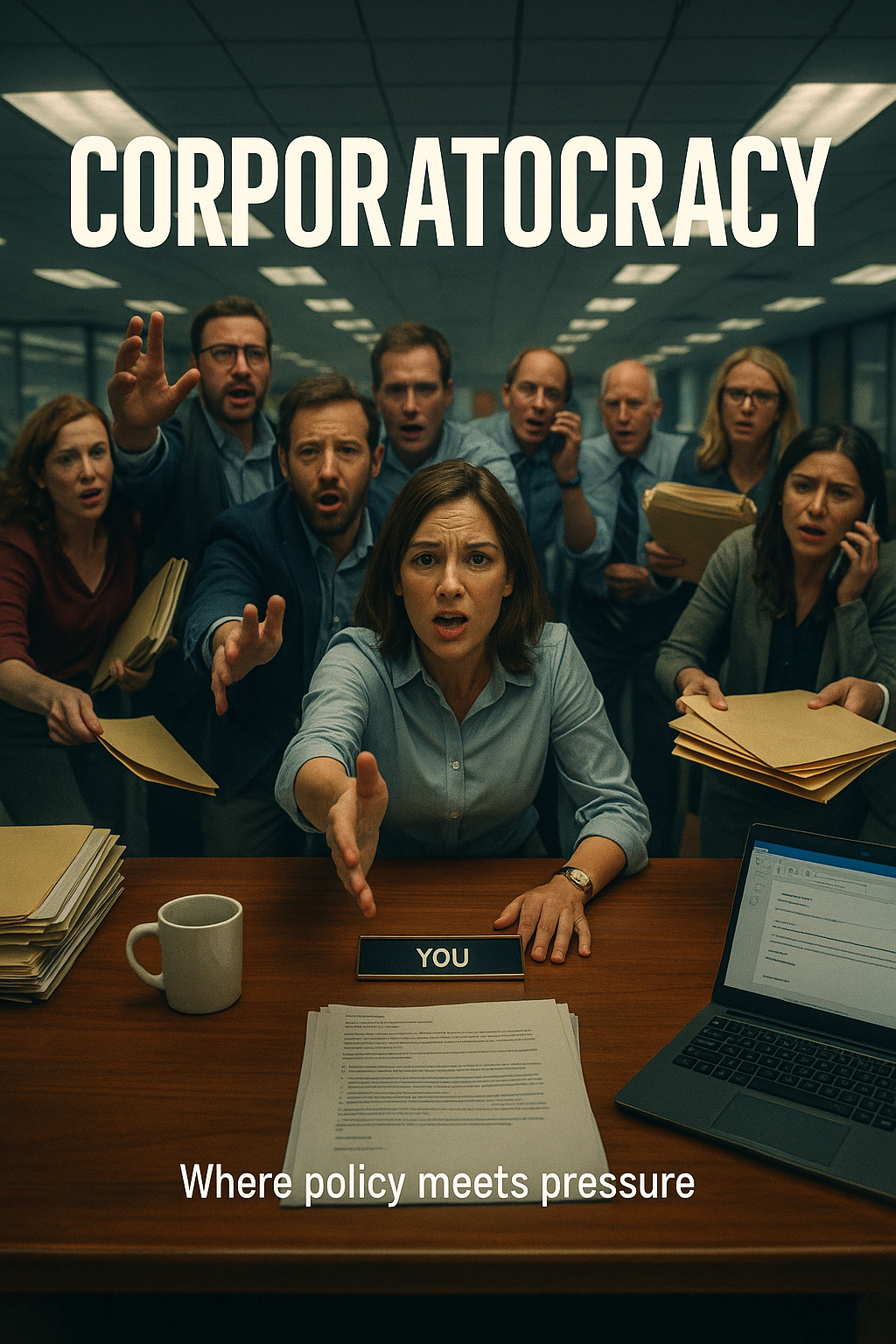 A promotional movie poster: an a white collar office, staff frantically cram around your desk, desperate for your assistance. A title pronounces 'Corporatocracy,' and a tagline finishes with 'Where policy meets pressure.'