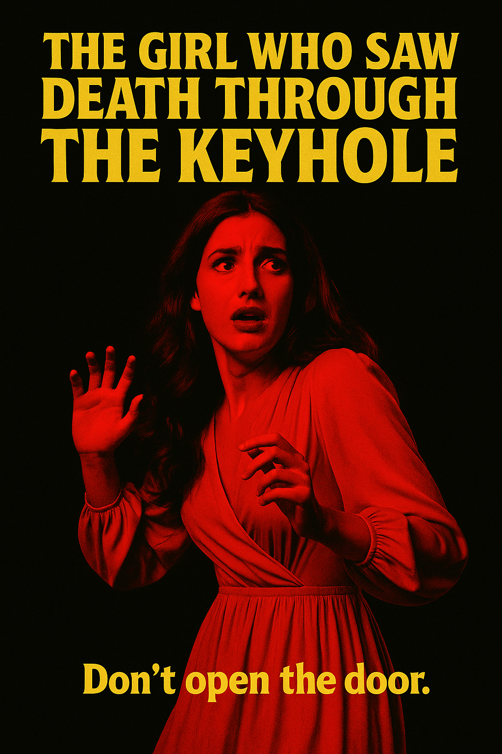 A promotional movie poster: a pretty young woman, lit up in deep crimson lighting, cowers from an unseen terror. A title pronounces 'The Girl Who Saw Death Through the Keyhole,' and a tagline finishes with 'Don't open the door.'