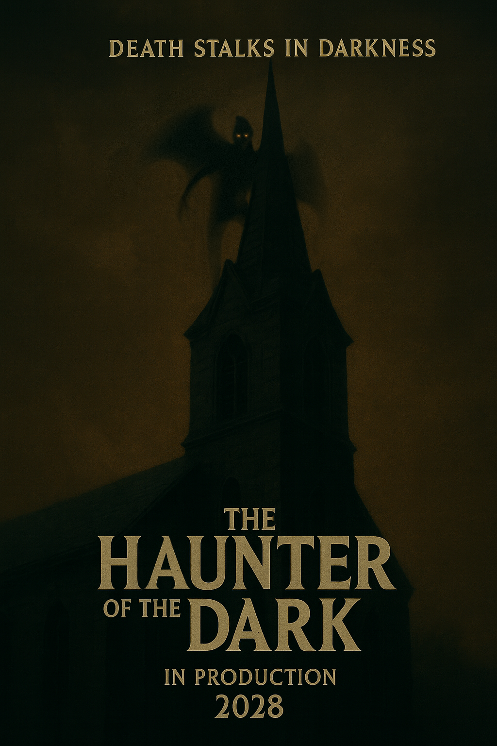 A promotional movie poster: a tagline announces 'Death stalks in darkness' as a church steeple looms up through the dark night. Perched atop the steeple is a black, winged creature of unspeakable terror. The title closes the poster with 'The Haunter of the Dark', 'In production, 2028'.